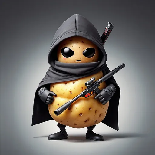 Prompt: A cool  hooded Ninja potato with a face and arms and legs holding a sniper
