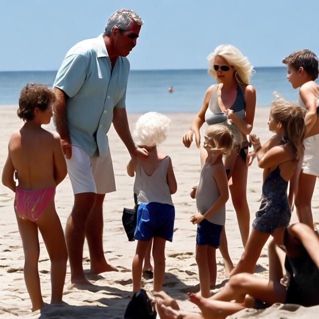 Prompt: Jeffrey Epstein, smoking in the beach with a bunch of children