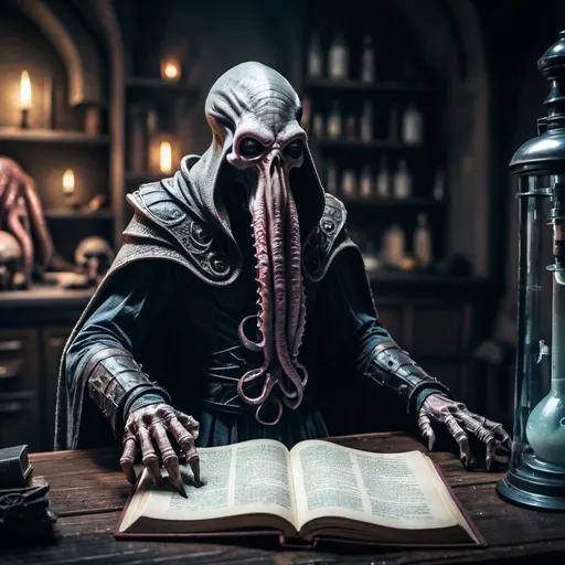 Prompt: highly detailed horror photo of a (mind flayer) in a medieval laboratory, mind flayer, tentacles, book, skulls, flasks, signs of the occult and arcane everywhere, depth of field, blurry, blurry background, photorealistic, cinematic, fantasy,  (ultra-detailed), (high quality), (hyper-realistic).
