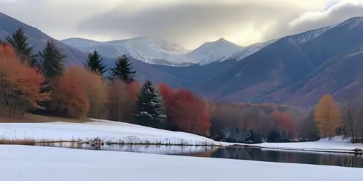 Prompt: Snowy November in the mountains with a distant pond
