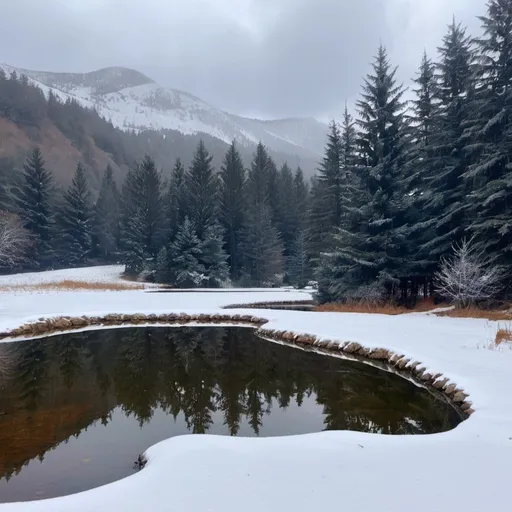 Prompt: Snowy November in the mountains near a pond