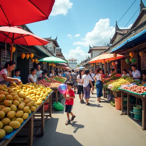 Prompt: This picture shows a lively street market in what appears to be an Asian country.

In the foreground, there are several stalls with colorful umbrellas selling various fruits and vegetables. The background reveals traditional buildings with ornate rooftops, and the sky is clear with a few scattered clouds.

On the left side of the image, a vendor is arranging mangoes on a wooden table. To the right, a group of people is gathered around a stall, possibly negotiating prices. In the center, a child is holding a balloon, looking excited.

The atmosphere is vibrant and bustling. The bright colors and the crowd suggest a festive or market day.

This image might represent daily life in a local community, highlighting cultural traditions and social interactions.
