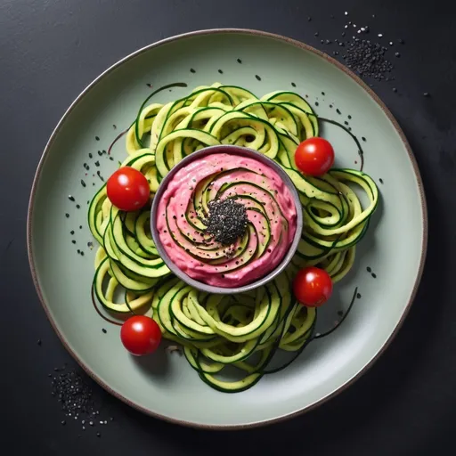 Prompt: spiraled zucchini noodles topped with vibrant pink hummus, a scattering of black sesame seeds, and a single, roasted cherry tomato.
