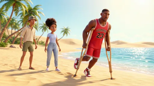 Prompt: Pixar-style 3D animated beachside scene, Marcus stepping onto soft sand with crutches, one crutch sinking slightly, body tilting off balance, surprised and strained expression, Devon and Chris turning back mid-step, medium side angle shot, bright sunlight, ocean and palm trees in background