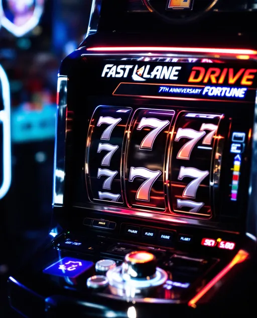 Prompt: a slot machine with all 7s. this is the launch post for the fast lane drive 7th anniversary, it should be a fast lane drive custom slot machine. it should be high end and sleek.