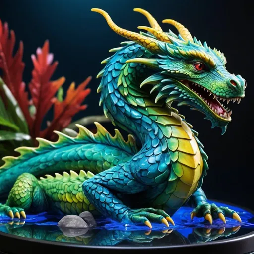 Prompt: msi water graphics card next to a friendly Water dragon,bright colors, vibrant lighting, aquatic theme, intricate scales, dragon art, liquid texture, dragon sculpture, high-tech art, water dragon, dragon figure, detailed design, professional, soothing lighting