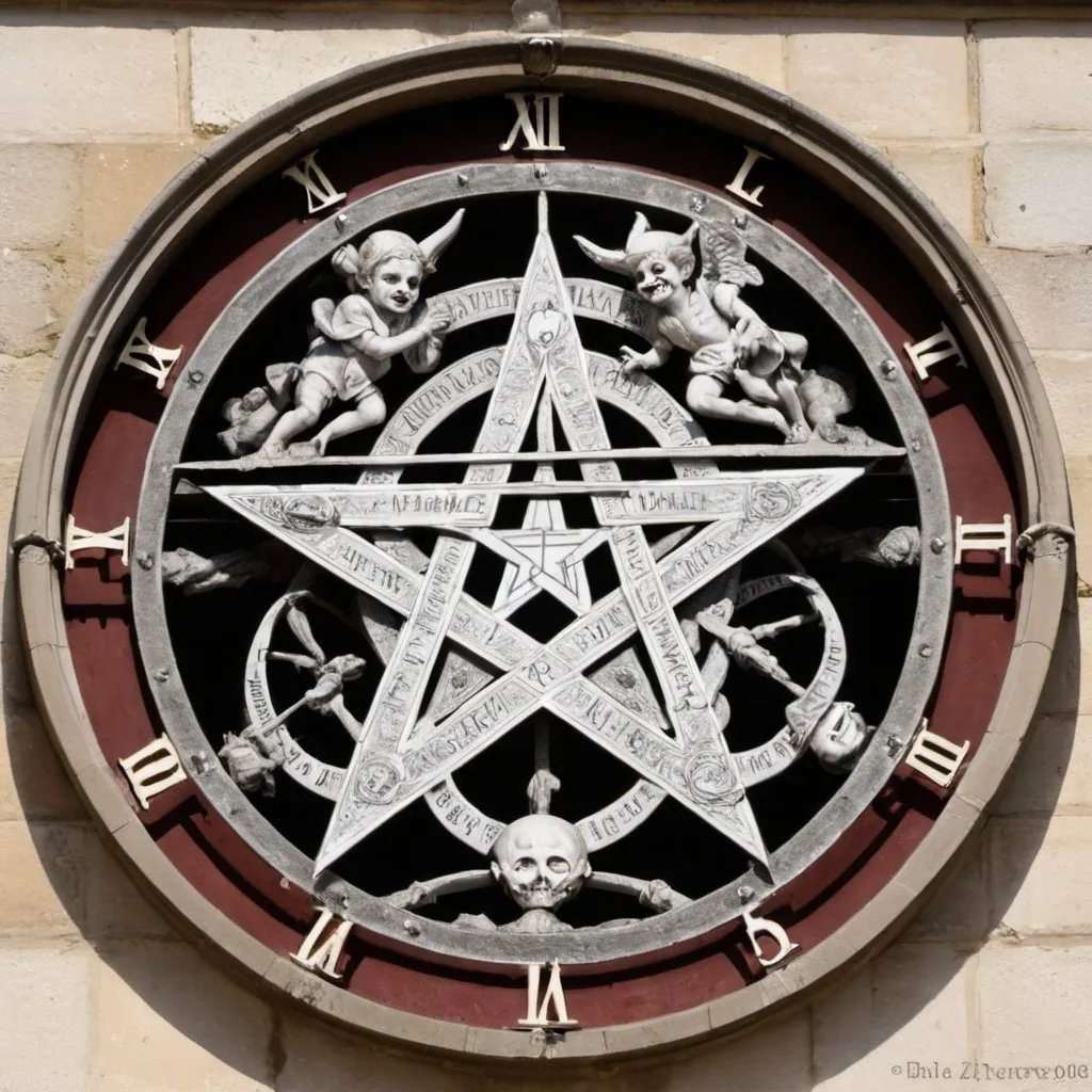 Prompt:  batiment avec des pentacle imaginaires :

Autour de ses pentacles , dans ce manoir hanté , se cotoient esprits , fantômes , démons , et force diabolique , en arrière fond on voit une horloge arrêtée sur 3h36 et cette horloge est l'horloge de l'enfer et on voit l'ombre du diable et tous l'acclament.

Ceux qui l'acclament sont des politiciens et des décideurs imaginaires sans rapport avec la réalité