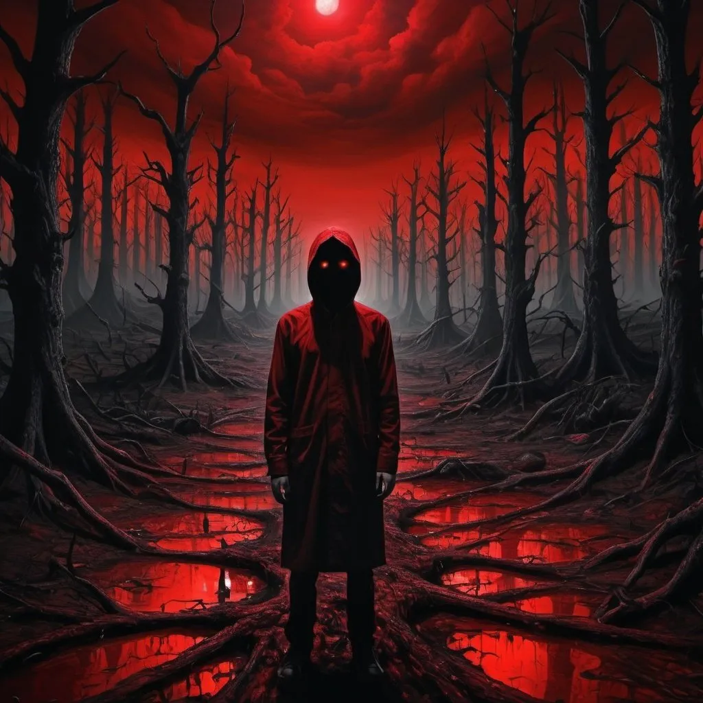 Prompt: Paranoiac bipolar in a surreal, dark landscape, vivid and chaotic, detailed blood-red and black shadows, intense and unsettling, high quality, surrealism, vivid colors, detailed expression, haunting atmosphere, madness, loneliness, darkness, surreal, chaotic, intense lighting