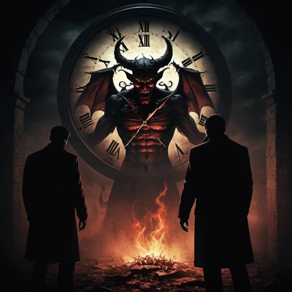 Prompt: Horror illustration of demonic figures, devil's shadow, infernal clock stopped at 3:36, imaginary politicians, eerie atmosphere, dark tones, intense expressions, supernatural power, hellish setting, detailed horror, professional, atmospheric lighting, highres, ultra-detailed, horror, supernatural, eerie tones, demonic shadow, infernal clock. we need to see the infernal clock broken on 3:36am and the devil is a shadow