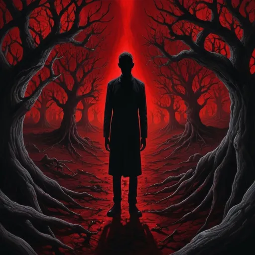 Prompt: Paranoiac bipolar in a surreal, dark landscape, vivid and chaotic, detailed blood-red and black shadows, intense and unsettling, high quality, surrealism, vivid colors, detailed expression, haunting atmosphere, madness, loneliness, darkness, surreal, chaotic, intense lighting