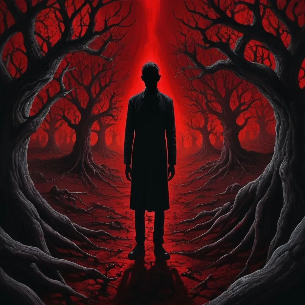 Prompt: Paranoiac bipolar in a surreal, dark landscape, vivid and chaotic, detailed blood-red and black shadows, intense and unsettling, high quality, surrealism, vivid colors, detailed expression, haunting atmosphere, madness, loneliness, darkness, surreal, chaotic, intense lighting