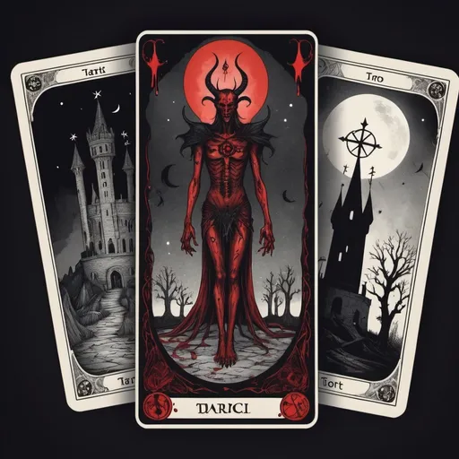 Prompt: A new form of tarot made and influenced by noctunrnial forces and darks and low energy . the bloody magic tarot one picture one sense , the devil , the mad , the tower ... all darker but with a tiny ligth in background