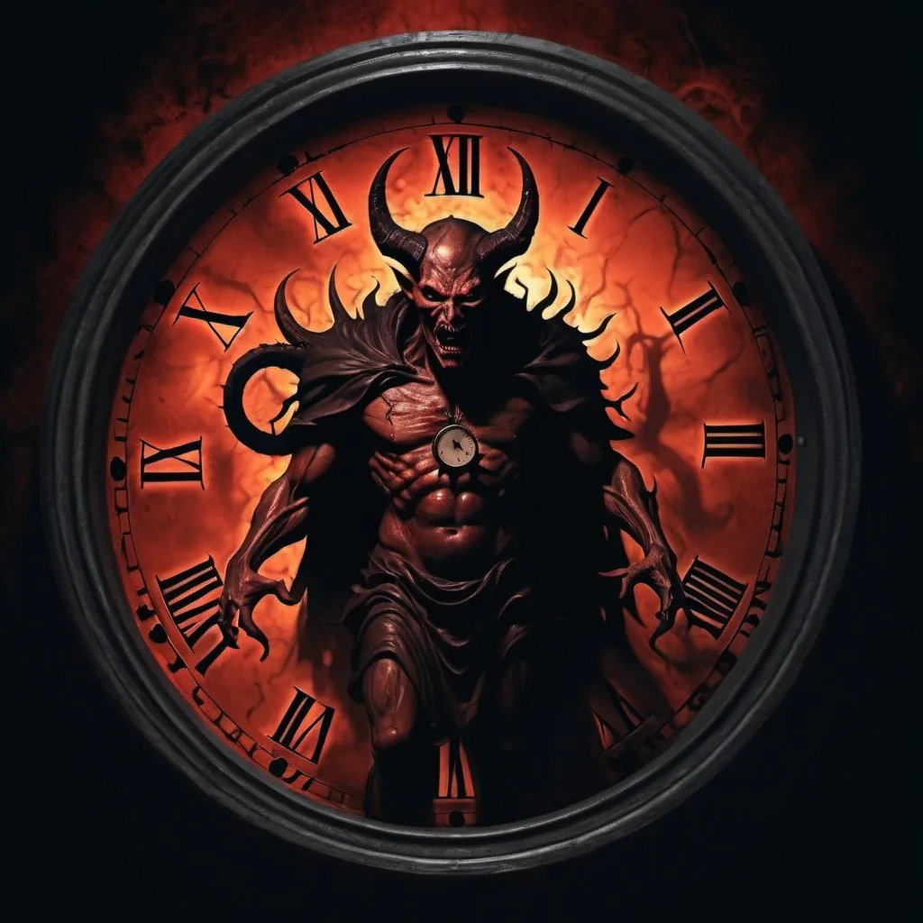 Prompt: Horror illustration of demonic figures, devil's shadow, infernal clock stopped at 3:36, imaginary politicians, eerie atmosphere, dark tones, intense expressions, supernatural power, hellish setting, detailed horror, professional, atmospheric lighting, highres, ultra-detailed, horror, supernatural, eerie tones, demonic shadow, infernal clock. we need to see the infernal clock broken on 3:36am