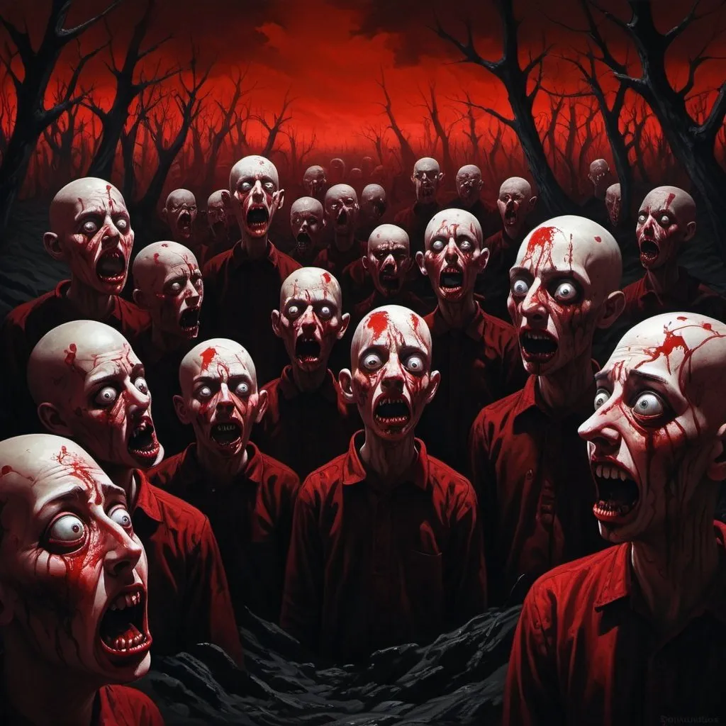 Prompt: freaks Paranoiacs bipolars in a surreal, dark landscape, vivid and chaotic, detailed blood-red and black shadows, intense and unsettling, high quality, surrealism, vivid colors, detailed expression, haunting atmosphere, madness, loneliness, darkness, surreal, chaotic, intense lighting