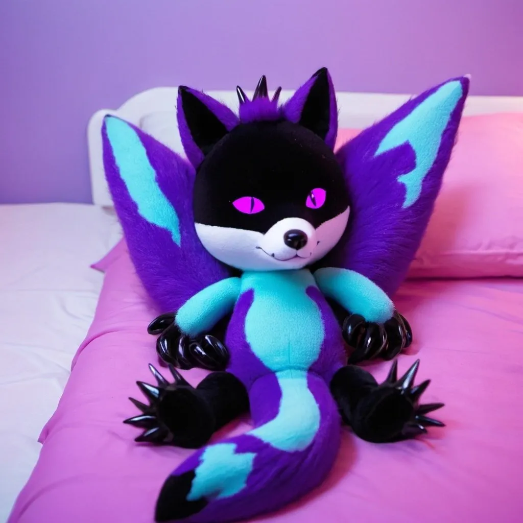 Prompt: A purple and neon fox, laying on a bed with some black tentacules coming from he's back