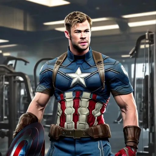 Prompt:  captain america chris hemsworth ultra realistic, high detail looking big and muscly, full body picture in gym