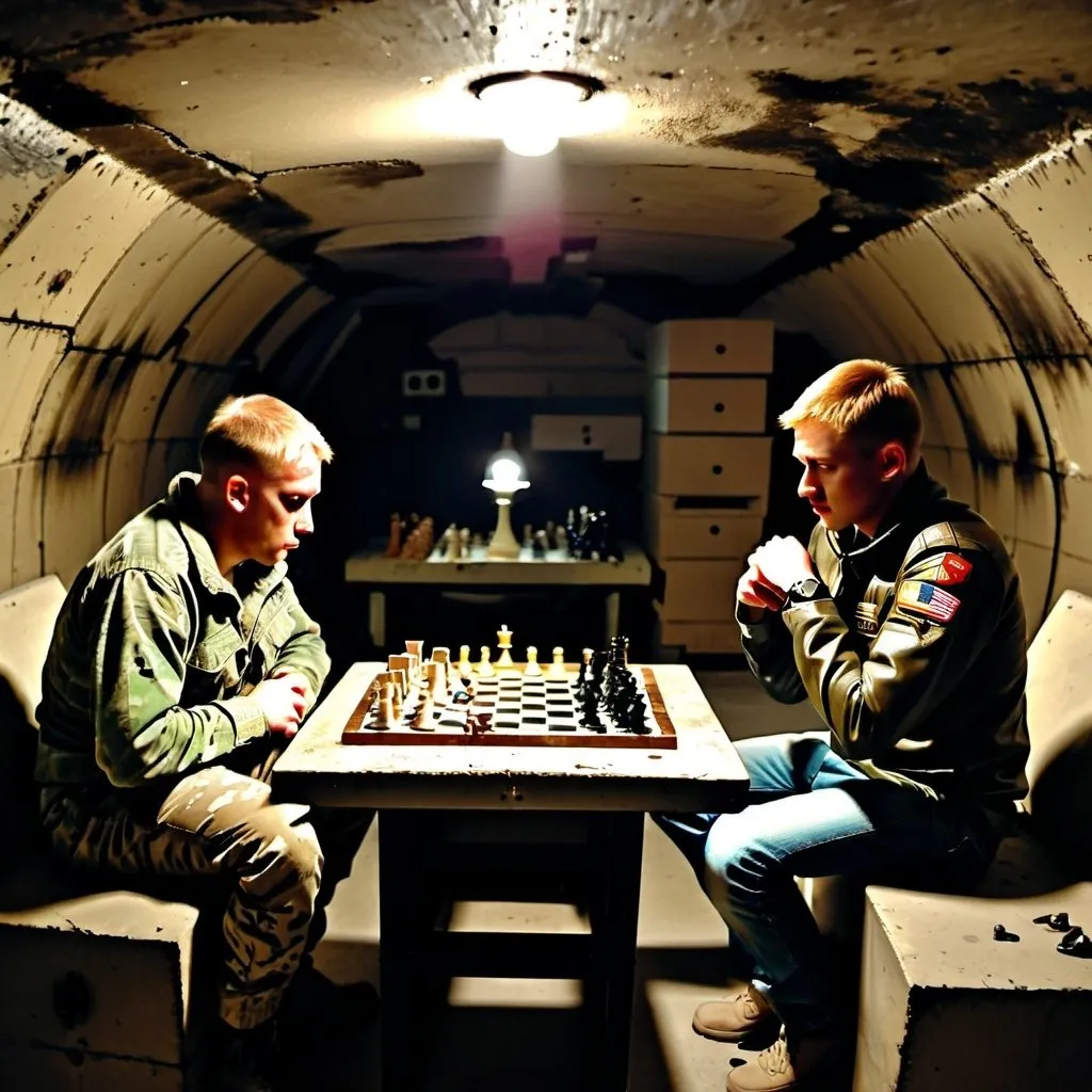 Prompt: Playing chess in an military bunker