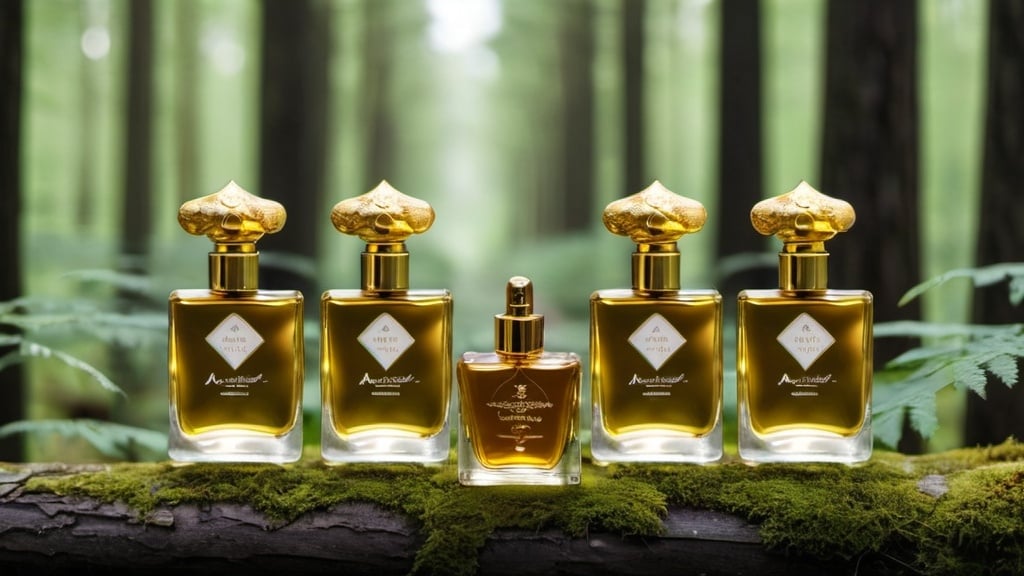 Prompt: A few bottles of aristocratic and luxury gold-plated perfume in a beautiful forest with Navidperfume label engraved on the bottles in Bold