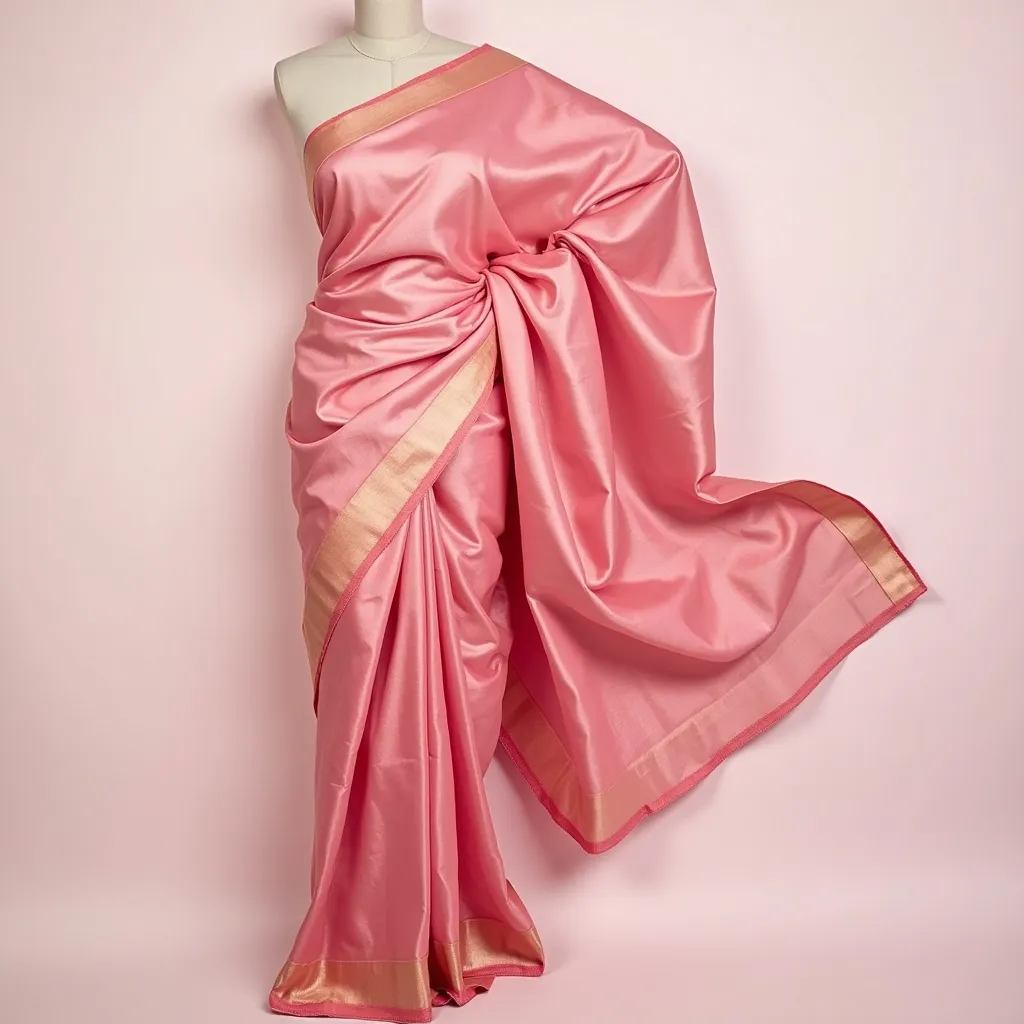 Prompt: plain pink silk saree flat lay, minimalist, high-resolution , put those saree in lady model's body like kandyan saree wear in sri lanka