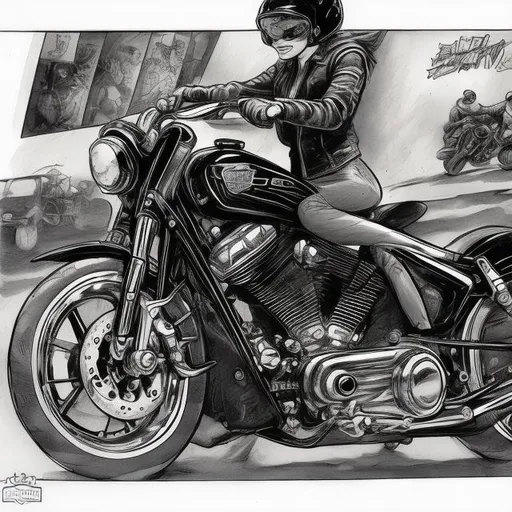 Prompt: a comic drawing of a harley davidson. black and white 
