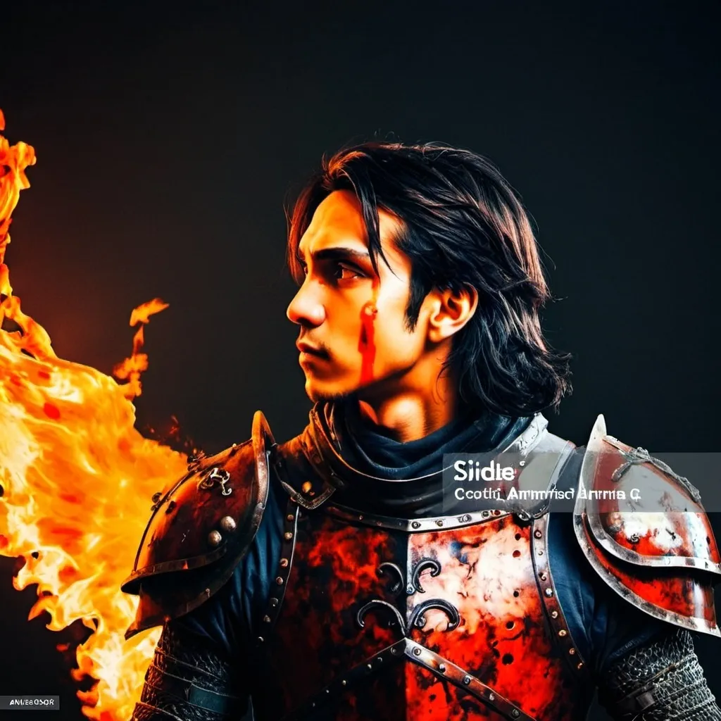 Prompt: Side portrait of anime styled man in bloodied medieval armor with fiery aura and dark background