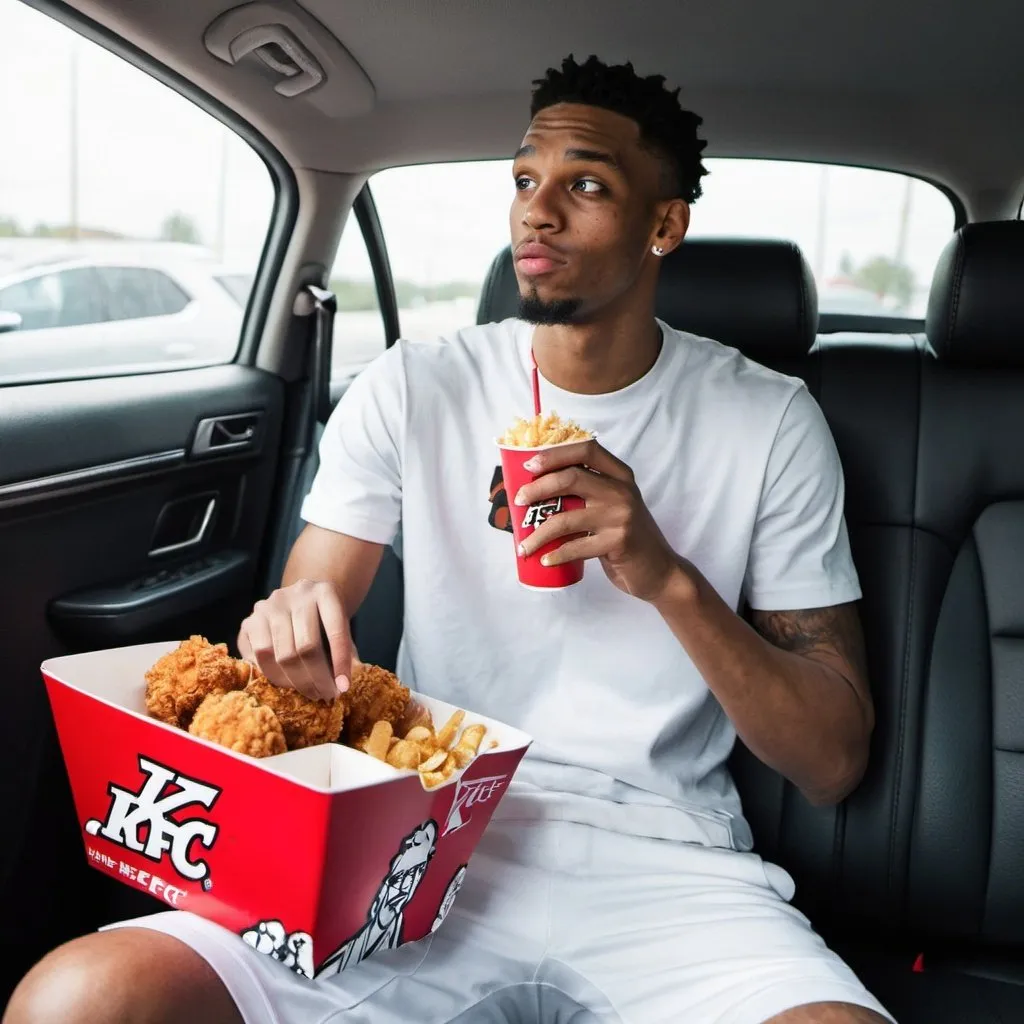 Prompt: the best  basket ball player sitting in a car eating KFC 