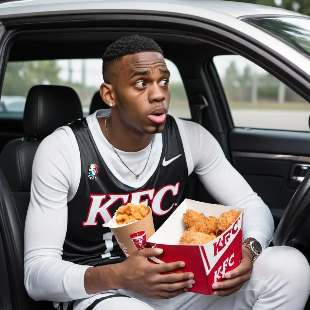 Prompt: the best  basket ball player sitting in a car eating KFC he is turning white slowly and is scared by it
