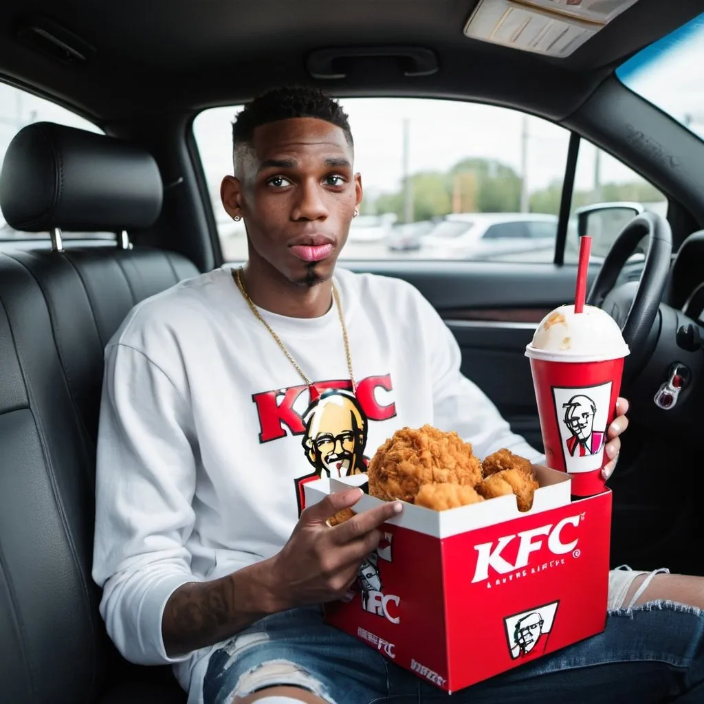 Prompt: the best  basket ball player sitting in a car eating KFC he is white skin
 now 

