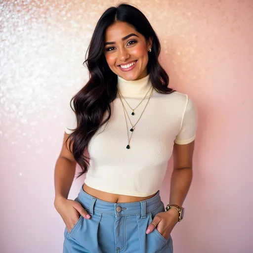 Prompt: With a warm smile and a relaxed demeanor, the young woman stands confidently against a shimmering, softly illuminated backdrop that appears to blend hues of light pink and white. Dressed in a fitted cream-colored ribbed turtleneck and stylish, high-waisted blue cargo pants, she exudes a casual yet chic vibe, enhanced by her accessories, including delicate rings and layered necklaces. Her long, dark hair is elegantly styled, framing her face and accentuating her joyful expression. The photo captures a contemporary and fashionable aesthetic, radiating positivity and a sense of self-assuredness in a vibrant, modern setting.