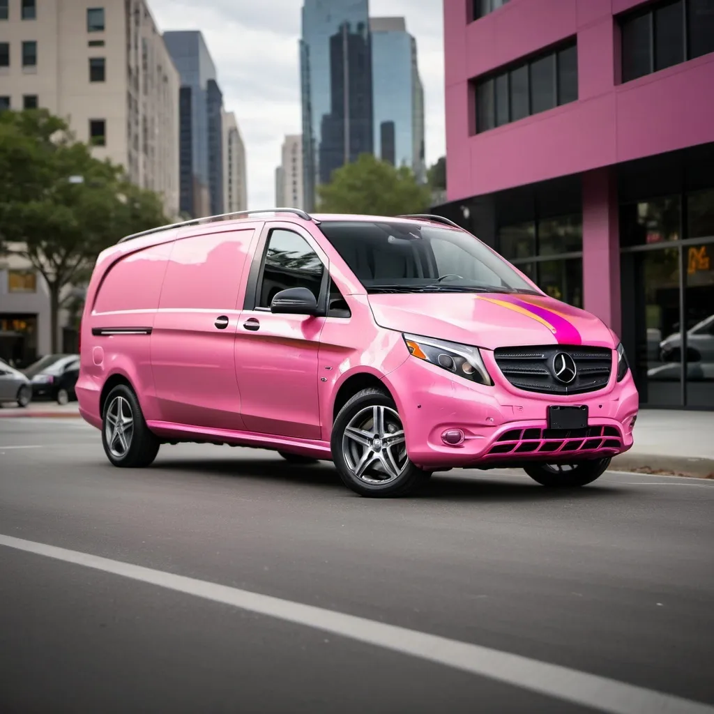 Prompt: (2019 Mercedes Benz Metris Van with light pink flame job design
