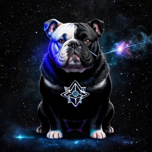 Prompt: Cosmic Bulldog with ebony black fur that is etched with glowing Constellation patterns living in a vivid nebula in paint splattering art style