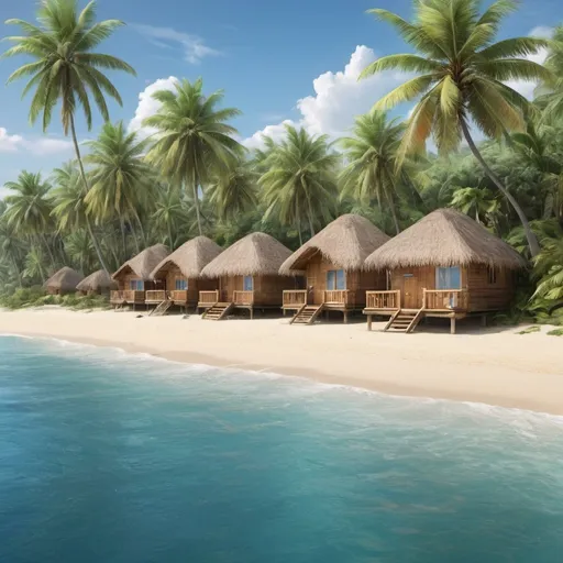 Prompt: Beach with palm-thatched huts, small hotels in the distance, tropical paradise, high quality, realistic, vibrant colors, natural lighting, detailed palm trees, serene atmosphere, seaside getaway, sunny, sandy beach, blue skies, tropical, tranquil, beachfront view, peaceful setting, vacation retreat, also 10 to 20 huts with modern feel