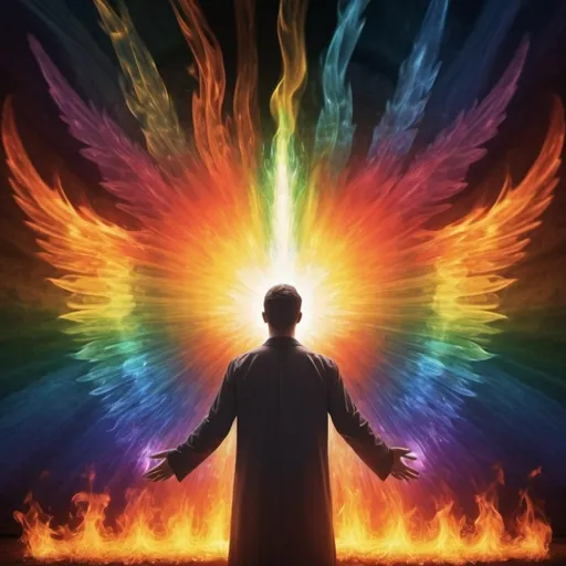 Prompt: Rainbow flame in supernatural  style
Aura of voice like choir of an angel in center of pic