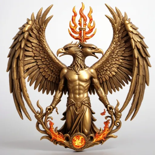 Prompt: Supernatural, double headed phoenix holding trident, gold,fire
