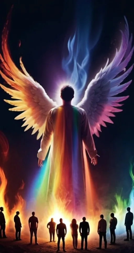 Prompt: Rainbow flame in supernatural  style
Aura of voice like choir of an angel in center of pic