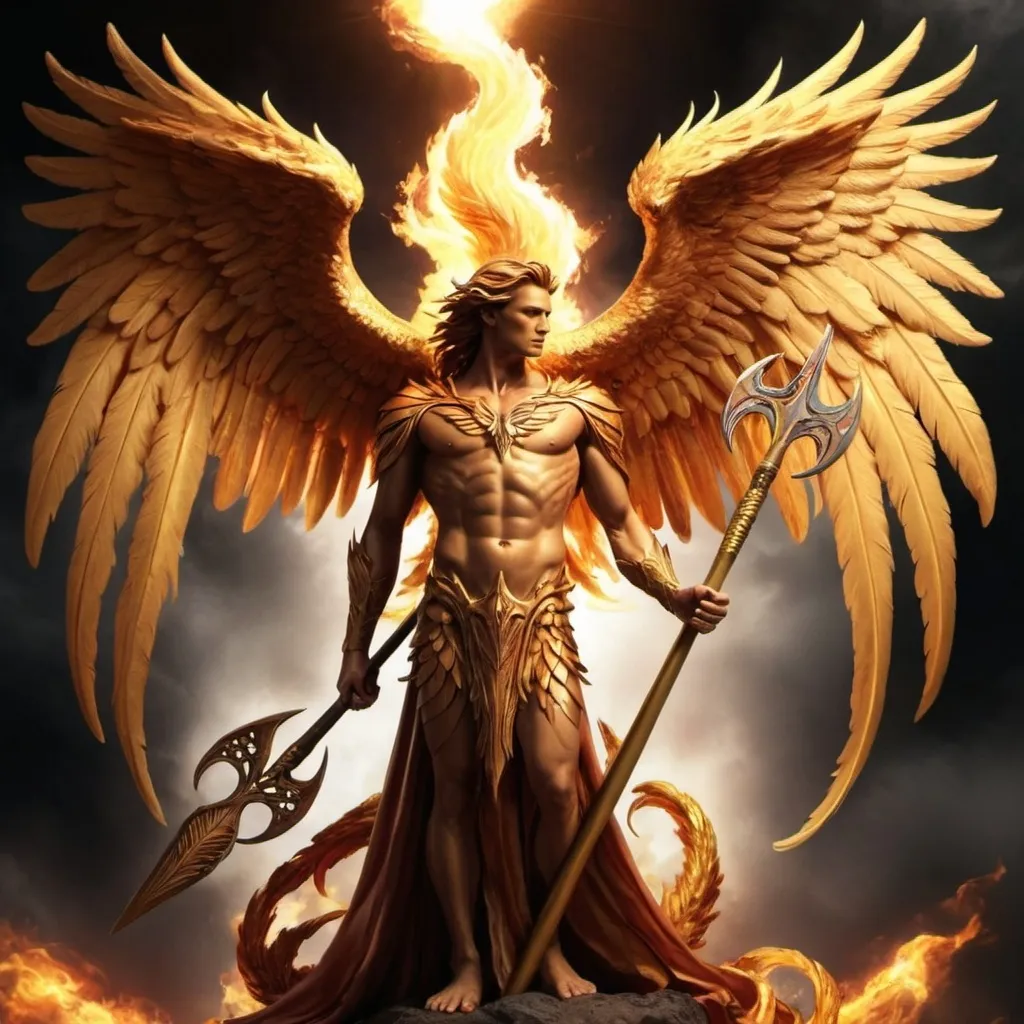 Prompt: Supernatural double headed   phoenix holding trident ;anyfar goldfire it wisdom from aris
