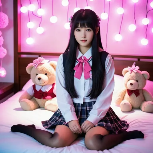 Prompt: girl, long black hair, wearing Japanese schoolgirl outfit, pink led lights, professional, realistic, human, real environment, texture, bed with teddy bears around