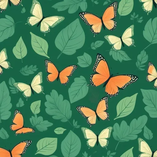 Prompt: Butterflies everywhere along with green leaves perfect for Tshirt and with less number of different colours