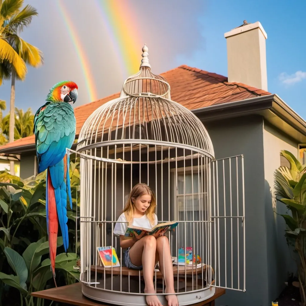 Prompt: parrot in a cage in the sun on a fancy house exterior with a rainbow and a girl reading