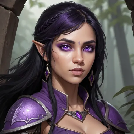 Prompt: Half elf, purple skin color, mercenary, woman, black hair, purple eyes, beautiful