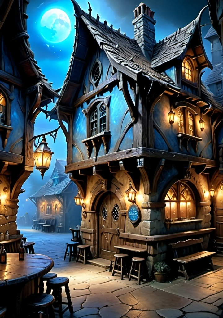 Prompt: (tavern exterior in Planescape setting), (magical blue glow), warm light spilling from windows, otherworldly architecture, intricately designed facade, ethereal ambiance, whimsical details, surrounded by a misty, surreal landscape, hints of cosmic elements, (ultra-detailed), (4K), inviting and enchanting atmosphere.