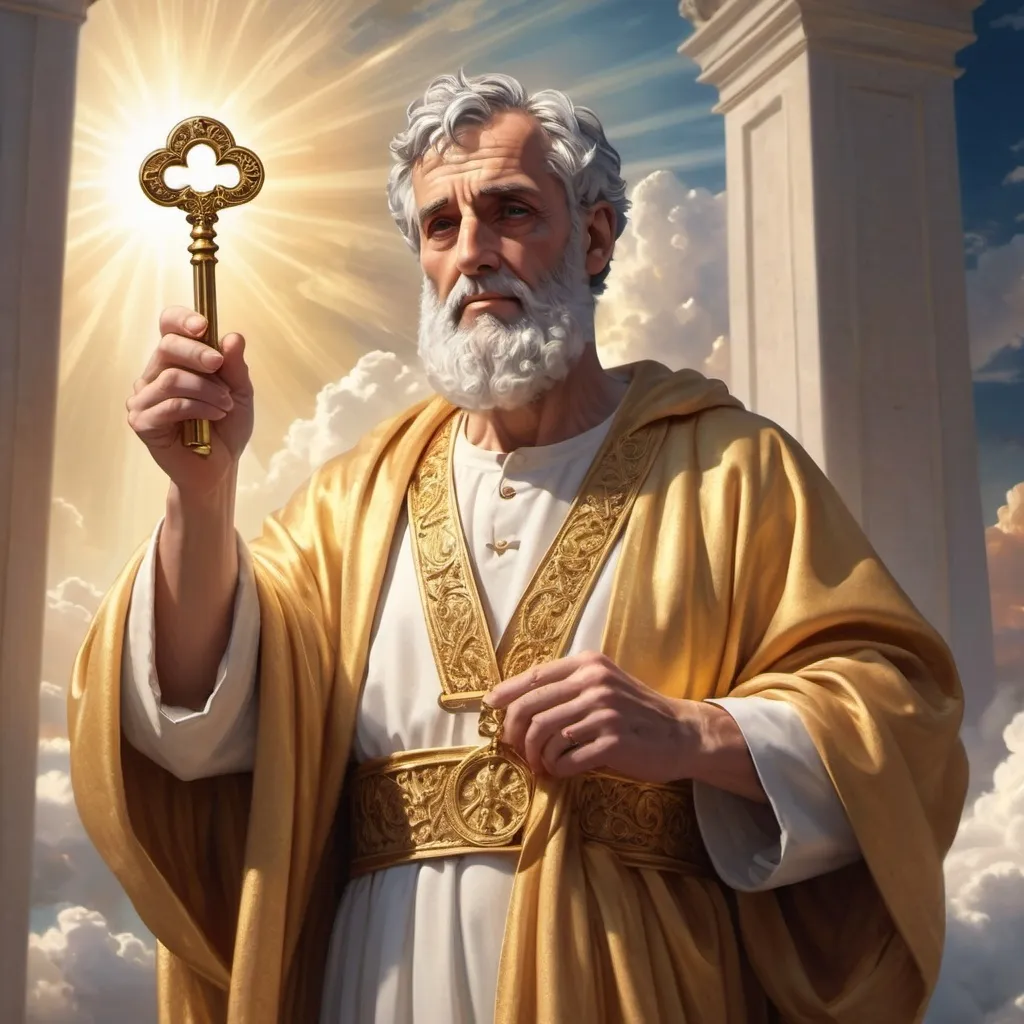 Prompt: Create an image of Saint Peter holding  the keys to heavens gate.