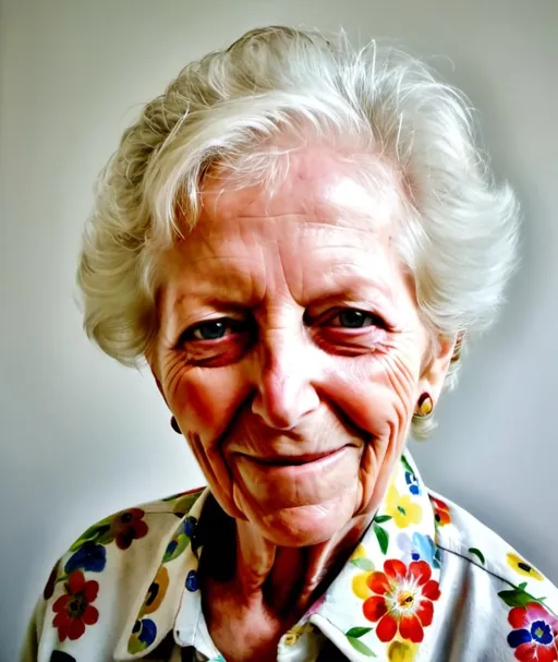 Prompt: a portrait of a 85 year old woman a flowered shirt on, smiling at the camera, with a white background, cloisonne, photorealistic portrait, an airbrush painting
