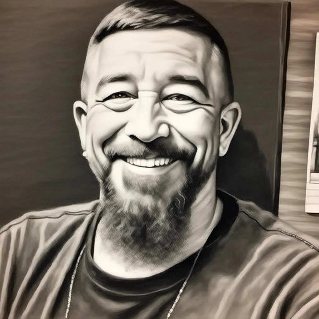 Prompt: A drawing of a man <mymodel> 
with a beard and tattoos on his arm and chest smiling at the camera and wearing a black shirt with the sleeves cut off, photorealism, a realistic shaded middle-aged face, and a charcoal drawing.