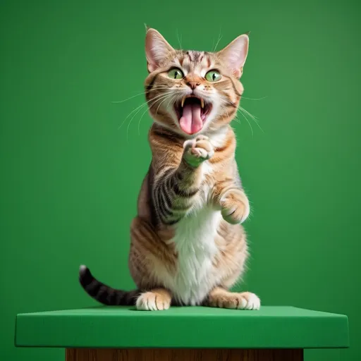 Prompt: ere are the new whimsical images of the mischievous cat perched on a podium with a green screen background, playfully holding a human tongue with its paw. 