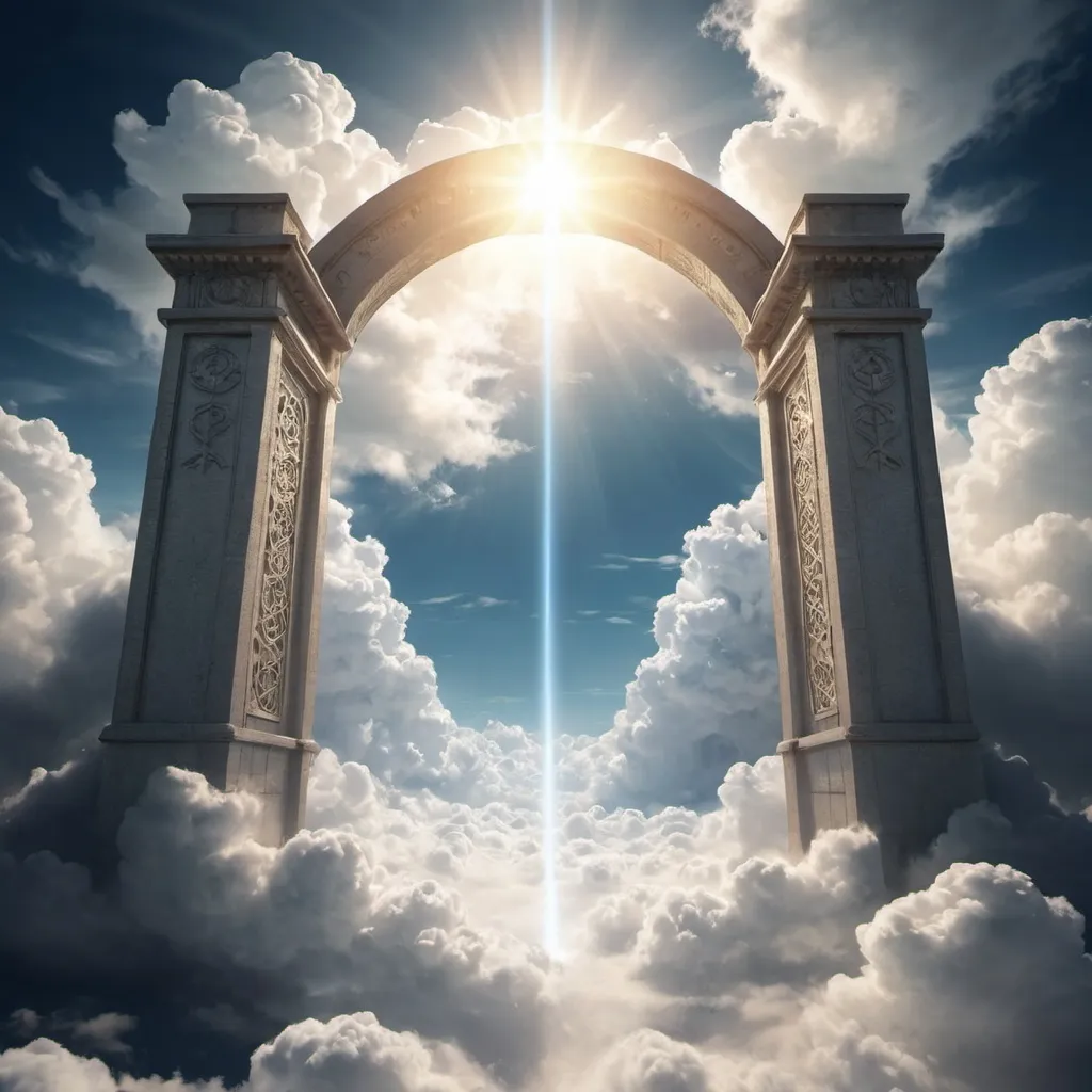 Prompt: Create an image of heavens gate in the clouds. 