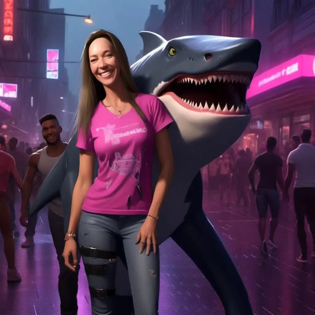Prompt: A woman wearing a T-Shirt and jeans <mymodel> posing with an  anthropomorphic shark wearing cyberpunk street vendor, realistic, muscular, human proportions, on the streets of Night City, huge grin, lots of scars, cyberpunk,  high definition, professional Pixar, Disney, concept art, 3d digital art, Maya 3D, ZBrushCentral 3D shading, bright colored background, radial gradient background, cinematic, Reimagined by industrial light and magic, 4k resolution post processing