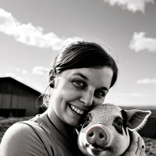 Prompt: A woman holding a gray and white pig with a black patch on its nose and smiling at the camera with a sky background.