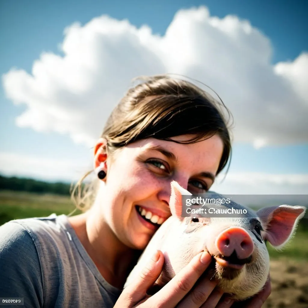 Prompt: color image, woman holding gray and white pig with black patch on nose, smiling at camera, sky background, high quality, realistic, warm tones, detailed pig fur, joyful expression, outdoor, sunny day, clear sky, natural lighting