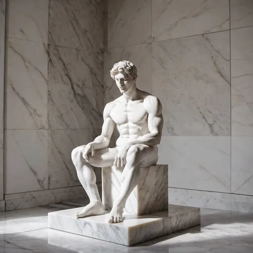 Prompt: a statue of a man sitting on a marble block with a marble background and a marble wall behind it, figurative, sculpture, a marble sculpture
